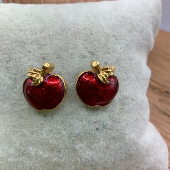 Avon Vintage Red Enamel Apples Gold Tone Stud Earrings - Picture 2 of 7